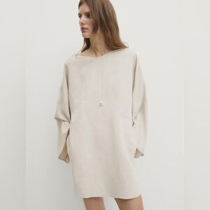 NWT Massimo Dutti Linen Blend Short Dress W/ Voluminous Sleeves Cream Size Small